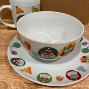 3 piece Christmas Owl small plate & bowl & mug place dining eating set